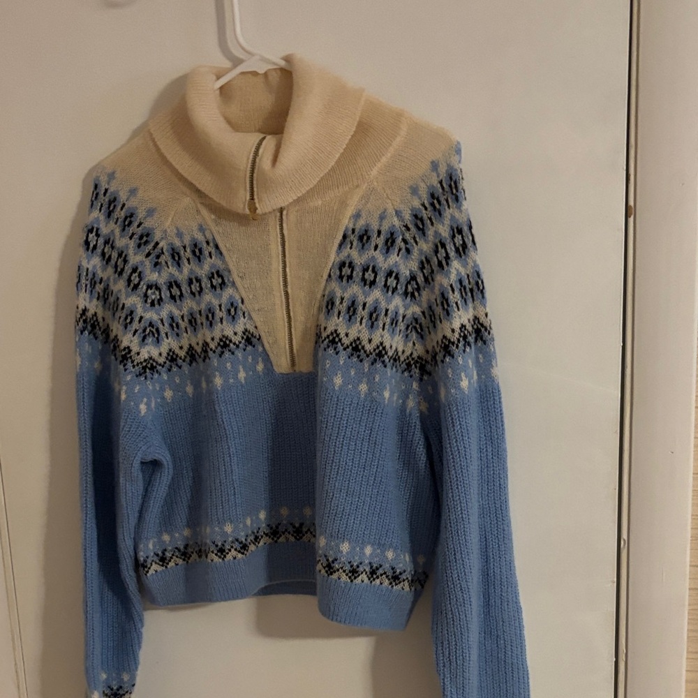 J. Crew Blue and Cream Fair Isle Quarter Zip Sweater size L